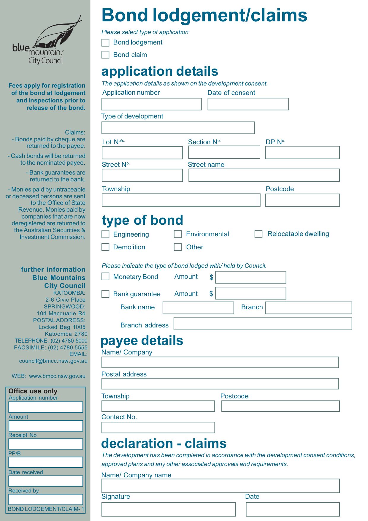 FORM Bond lodgement / claim bmcc.nsw.gov.au
